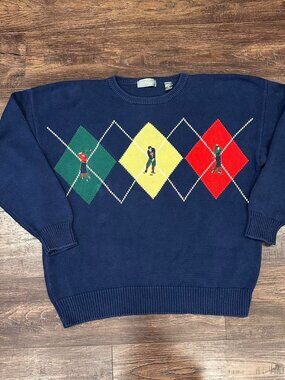 VINTAGE JOHN ASHFORD GOLF ARGYLE KNIT SWEATER SIZE XL